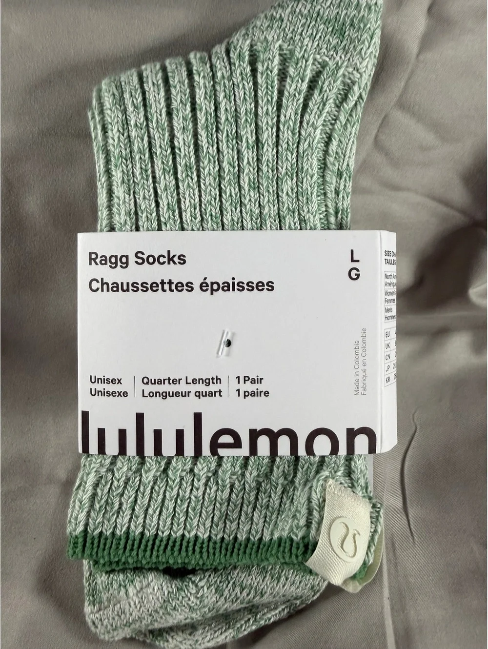 lululemon Ragg Socks in Ideal Mint/Heathered Green Quarter Length Unisex Large